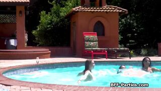 Three sexy swimmers riding one lucky dick