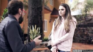 Brunette tourist dominated by older man