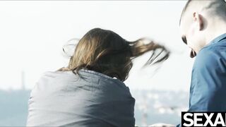 She gets cum over her huge natural titted and into