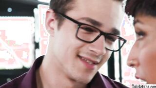 TS brunette barebacked by nerd boyfriend