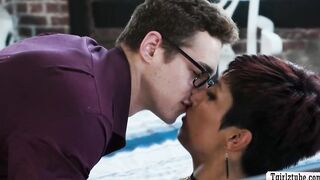 TS brunette barebacked by nerd boyfriend