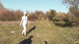 Wild beach. Naked into outdoor. Outside on bank of river