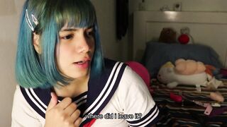 Deep throat: schoolgirl slips a whole banana inside her mouth.