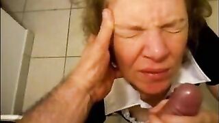 Granny on her knees handjob and facial