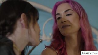 Seductive babe fucked by busty shemale