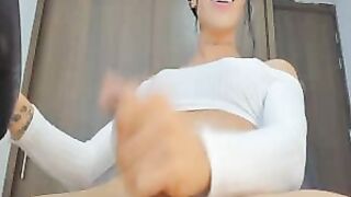 Beautiful Shemale Happily Jerks Her Cock