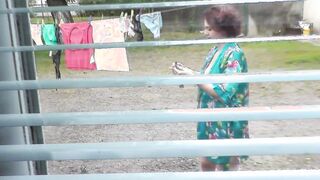 Cougar nude into outside. Voyeur. Frinas hubby peeps inside window