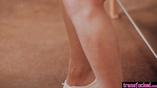 Shemale TS Foxxy enjoyed triple blowjob