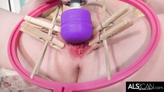 Tiny Boobies Blonde Spreads Her Lips for High Powered Toy