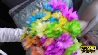 Blonde subs booty toyed with veg and bouquet