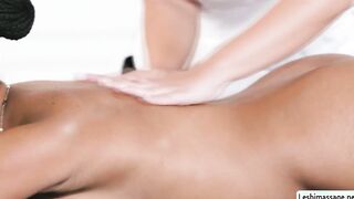 Hot ebony and her horny masseuse lick each others pussy