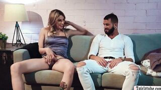 Sexy blonde TS Casey Kisses barebacked by her boyfriend