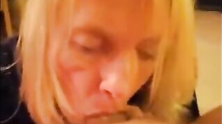 Blonde milf moaning while sucking dick and drink cum