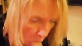 Blonde milf moaning while sucking dick and drink cum