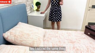 Cougar and stepson share a bed into a hotel room.