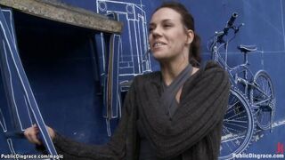 Brunette spanked and fucked in public