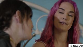 TS brunette fucks her pink haired bff
