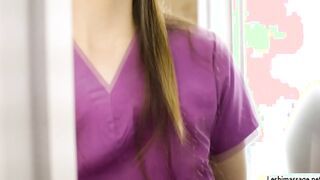 Busty customer licked by two masseuse
