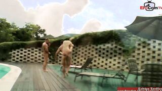 Rough anal jizzed 3some with skinny MILF mmf