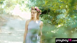 All natural babe stripping in the forest