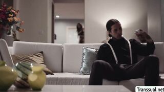 Slutty TS bareback fucked by tattooed bf