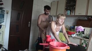 Russian Old Ex-Wife Gets Screwed While Cooking By Young Bro