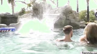 Tranny babes bareback anal orgy at pool