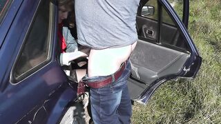 Sex into outdoors. Into back seat vehicle on side of