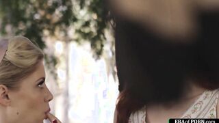 Small tits milf licks a redhead outdoors