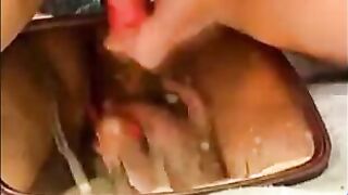 MILF masturbating with dildo and squirt on a glass