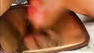MILF masturbating with dildo and squirt on a glass