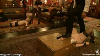 Suspended slave rough fucked at party