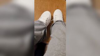 Rubbing his penis with white shoes