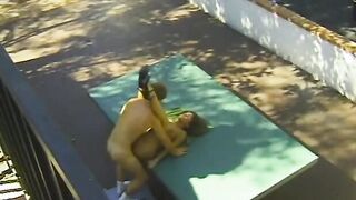 Older vulgar stud Enjoying erotically ramming a blond pussy on a table outside