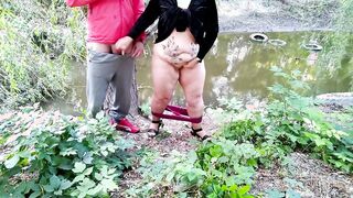 Curvy cougar with huge booty masturbating jerking off huge dick outdoor