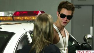 Brunette police woman deepthroats then fucks teen thug