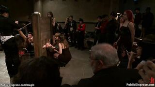 Lesbians fucking bound babe in public