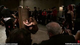 Lesbians fucking bound babe in public