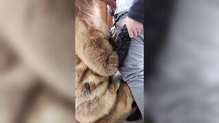 Red Head inside fur coat was pounded into tight butt. High heels. Leather gloves