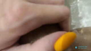 Orange screwed cougar brush her unshaved twat inside shower