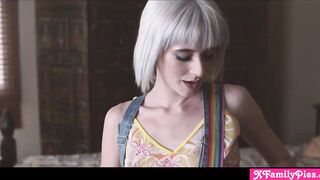 Thin 18 year old stepsister Jessie Saint deepthroats and fucks her guy