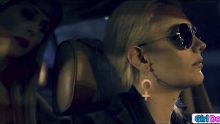 Busty escort licking her lesbian driver