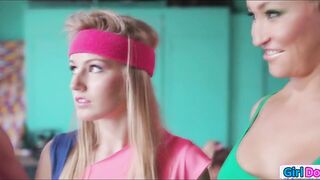 Petite blonde dominated by fitness babes