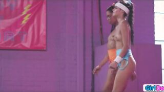 Petite blonde dominated by fitness babes