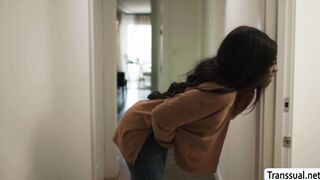 Lucky fat dude licks and analed his two trans roommates