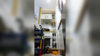 Mommy clean kitchen and swallow coffe