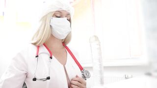 Sexy big tit doctor sat her butt on a sex toy and fisted herself after consulting a handsome man
