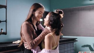 Latin teen licks gfs hairy pussy at work
