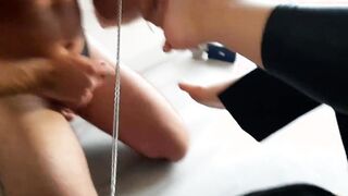 Sub jerks off for the fun of 2 Mistresses.