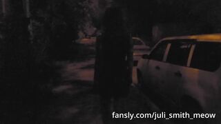 chick walking into a transparent lace dress at night